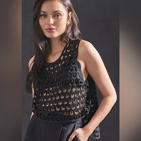 by Anthropologie Black Crochet Tank Top, One Size - Picture 1 of 13